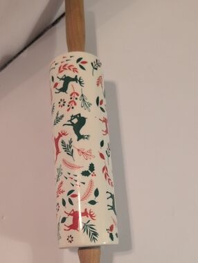 Festive Red & Green Ceramic Wooden Rolling Pin - Holiday Pattern 16 Inch